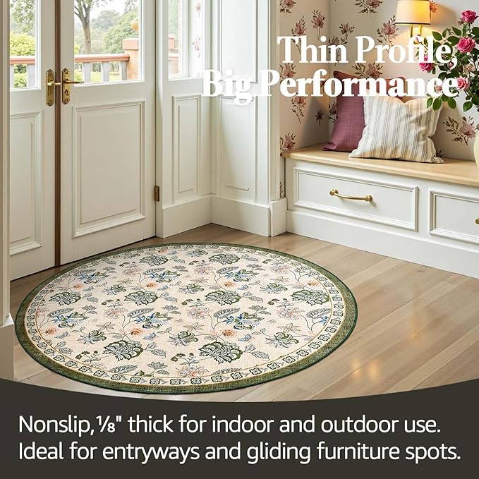 jinchan 4ft Floral Round Rug for Entryway Washable Kitchen Rug Vintage Romance Design Non Slip Indoor Doormat Lightweight Low-Profile Throw Carpet for Living Room Dining Room Bedroom, Green/Beige