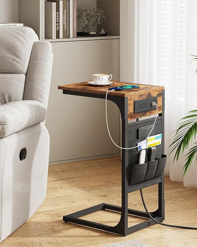 TUTOTAK C Shaped End Table with Charging Station, Side Table for Sofa, Couch with Storage Bag, Set of 2, TV Tray with 2 USB Ports and Outlets for Living Room, Bedroom, Brown TB01BB0242