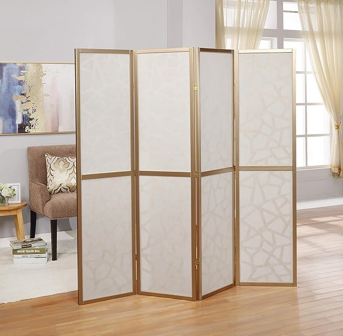 Roundhill Furniture Giyano 4 Panel Screen Room Divider, Gold