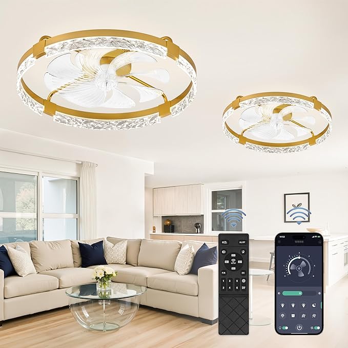 LEDIARY 2 Pack 24 Inch Modern Ceiling Fans with Lights and Remote, Dimmable Flush Mount Ceiling Fan, Gold Low Profile Ceiling Fan with 3 CCT and 6 Speeds