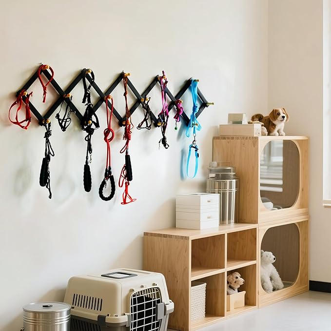 SKOLOO Accordion Wall Hanger with 16 Hooks, Modern Expandable Coat Rack Hat Rack for Wall, Solid Wooden, Natural on Black