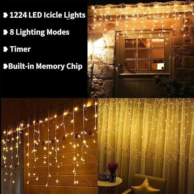 Toodour Christmas Icicle Lights Outdoor, 1224 LED 100ft 8 Modes Fairy Icicle String Light with 204 Drops, Led Christmas Lights Twinkle for Holiday, Party, Wedding, Eaves, Xmas Decorations (Warm White)