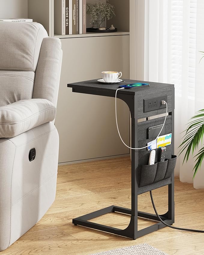 TUTOTAK C Shaped End Table with Charging Station, Side Table for Sofa and Couch with Storage, TV Tray Table with 2 USB Ports & Outlets - Black TB01BK024