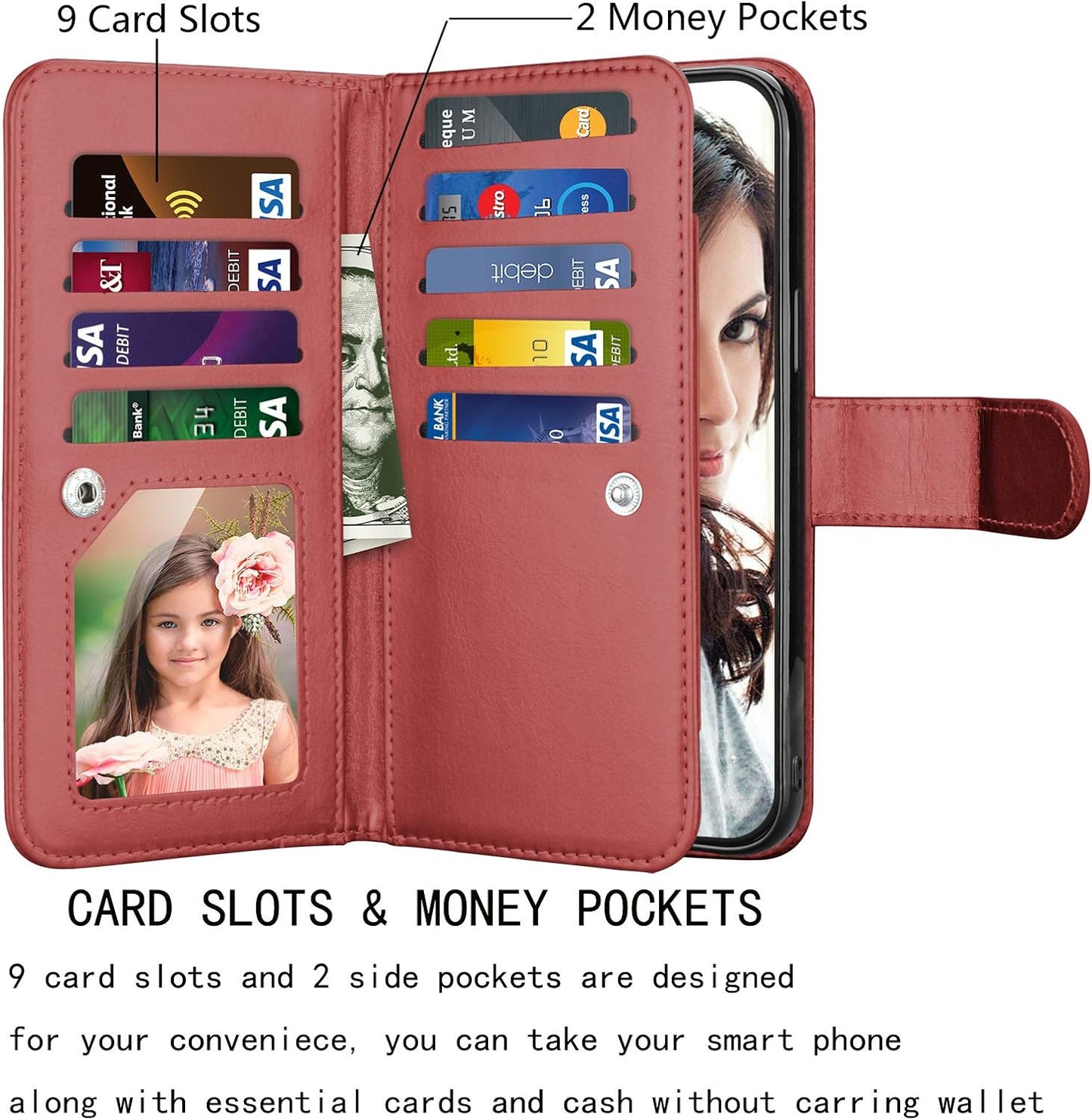 Njjex iPhone 12 Pro Max Wallet Case - 9 Card Slots, PU Leather, Detachable Kickstand (Wine Red)