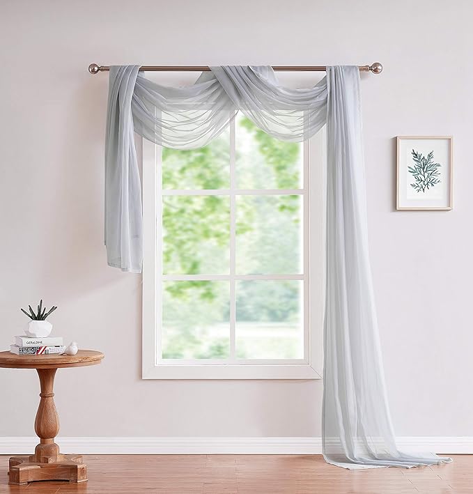 LinenZone Silver Window Scarf Valance in 360 Inch Size. Use Window Scarves as Canopy Bed or Backdrop Curtains, Curtain Scarf, or Sheer Fabric for Draping. (Amazing 55 x 360, Silver)