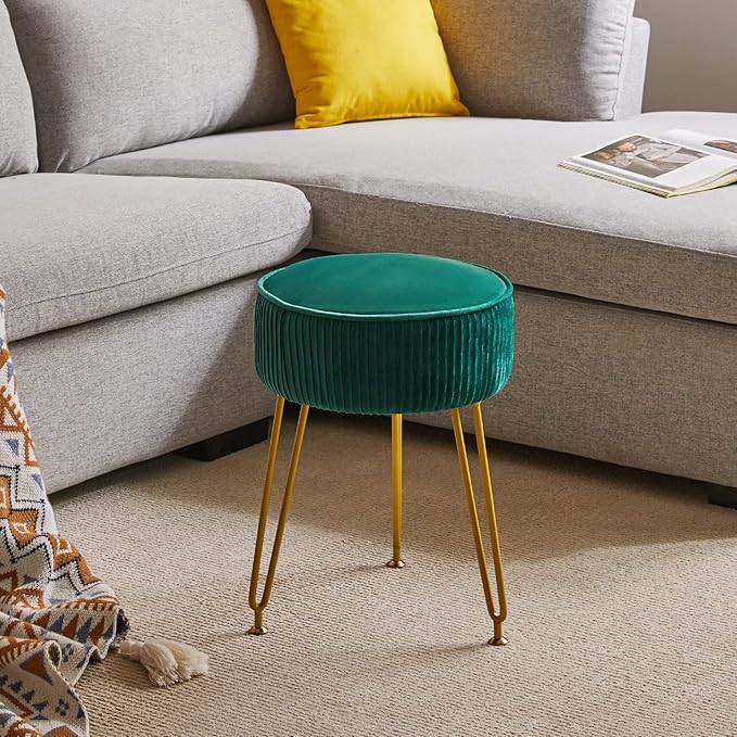 IBUYKE Velvet Round Footrest Stool Ottoman, Makeup Vanity Stool Side Table, Velvet Dressing Table Seat, Pouf Couch Stool, Golden Steel Legs, Green LG-30L