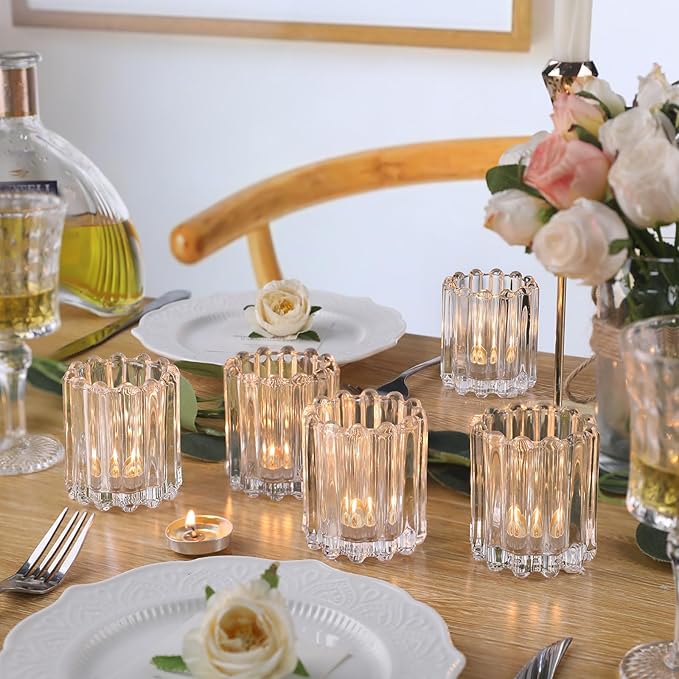 Glass Clear Votive Candle Holder, Ribbed Votive Candle Holders Set of 12, Tealight Candle Holder for Wedding Centerpieces Dinner Party Table Decor