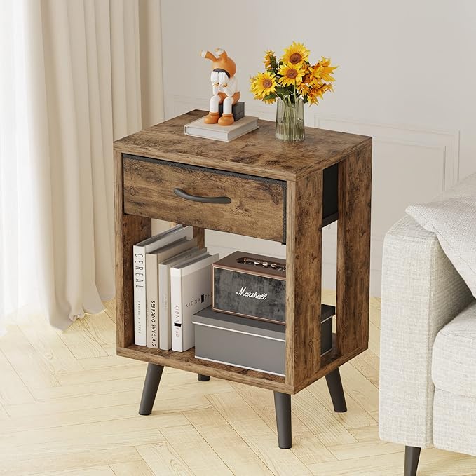 GYIIYUO Nightstands Set of 2 with Fabric Storage Drawer and Open Wood Shelf, Side Table with Storage for Bedroom, Night Stand with Drawer for Bedroom, Bedside Tables - 15.8" D x14 W Rustic Brown