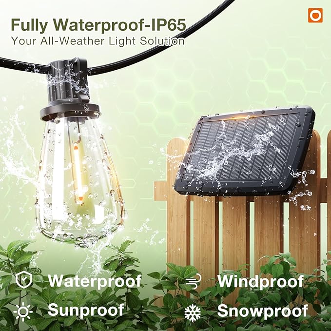 addlon 33(27+6) FT Solar String Lights Waterproof,Patio Light Solar Powered with Remote& USB Port 9+1 LED Shatterproof Bulbs 3 Lighting Modes Outdoor for Camping Backyard Garden