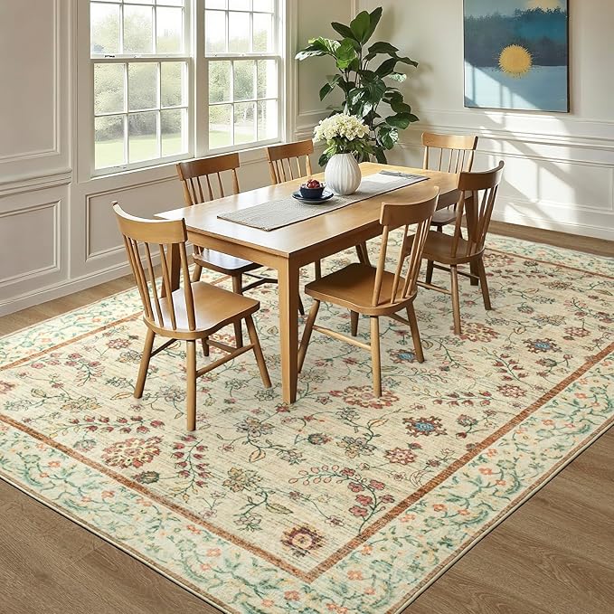 LOCHAS Washable Area Rugs 5x7, Beige Floral Rug for Living Room Bedroom Non Slip, Ultra Soft Vintage Indoor Carpet for Kids, Nursery, Dorm, Dining Room, Classroom, Boho Flower Home Decor, Low-Pile