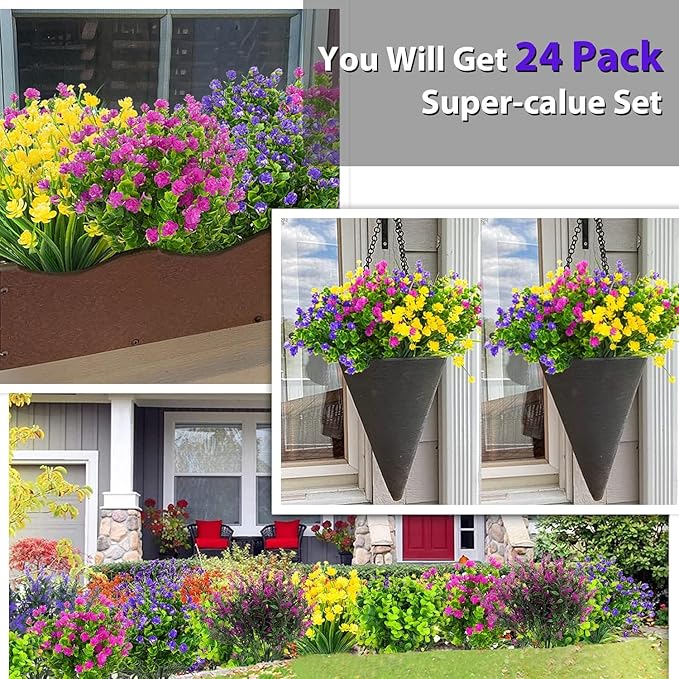 Artificial Plants Outdoor, 20PCS Artificial Flowers, UV Resistant Fake Flowers, Faux Flowers for Outdoor Planters for Front Porch Pot Decor