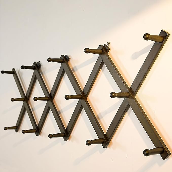 WEBI Accordion Wall Hanger,Expandable Wooden Hat Rack for Wall Mounted Coat Rack,Accordion Hat Hooks Holder for Baseball Caps,14 Peg,Dark Walnut