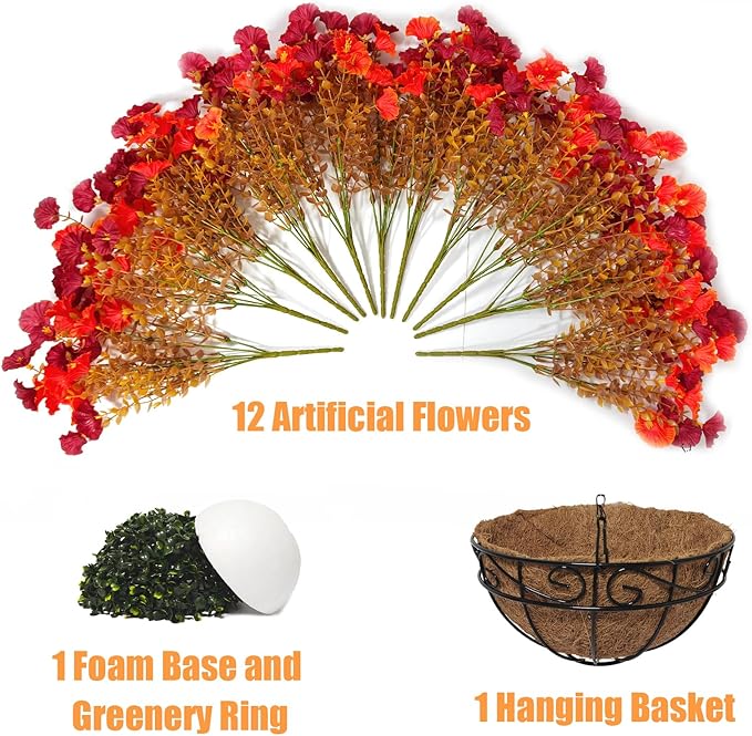 Artificial Hanging Flowers Plants Basket for Outdoors Fall Decorations, 12 Pcs UV Resistant Faux Morning Glory Fake Petunias with Hanging Planter for Home Porch Balcony Decor (Orange Red)