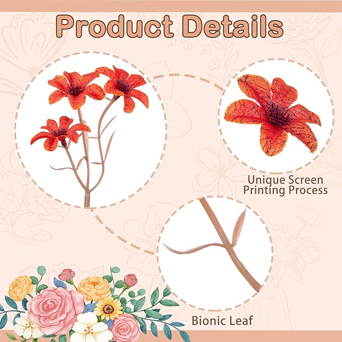 Artificial Flowers with Stems, 6 Pcs Long Stem Fake Flower Vase Filler Arrangements for Wedding Home Party Indoor Decor, Vase Not Included