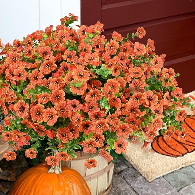 Artificial Flowers for Outdoor, UV Resistant Fake Silk Flowers, Realistic Faux Plants for Outside Indoor Porch Patio Window Box Planter Home Decor (16, Orange)