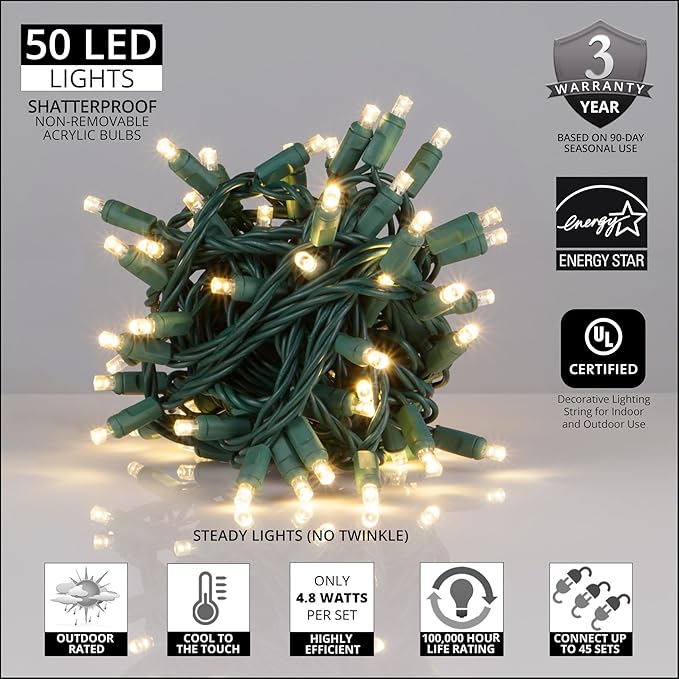 Wintergreen Lighting 50 Count LED Warm White Christmas Lights, 17 ft Green Wire Indoor/Outdoor Commercial Grade 5mm Wide Angle Mini String