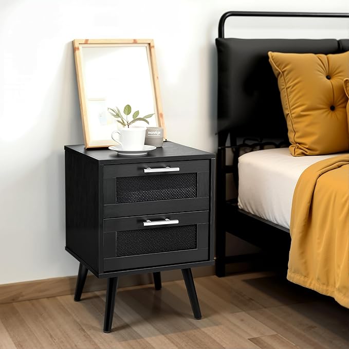 Finnhomy Nightstand, End Table, Side Table with 2 Hand Made Rattan Decorated Drawers, Wood Accent Table with Storage for Bedroom, Full Black