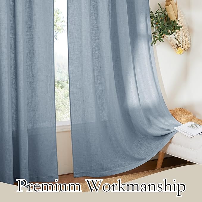 RYB HOME Thick Blue Linen Curtains 72 inch Length for Home Office Nursery, Thick Heavy Textured Breathable Privacy Assured Wrinkle Resistance Boho, W 52 x L 72 inches, Dusty Blue, 2 Panels