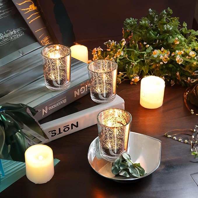 24 Pcs Silver Votive Candle Holders, Speckled Mercury Silver Glass Candle Holder Bulk for Wedding Centerpiece Table Decor, Tea Lights Candle Holder for Valentines Day Decor, Home Decor