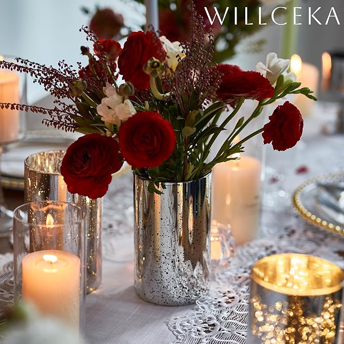 Silver Candle Holder Hurricane Candle Cylinder Vases for Centerpieces Set of 6 for Wedding Table Centerpiece