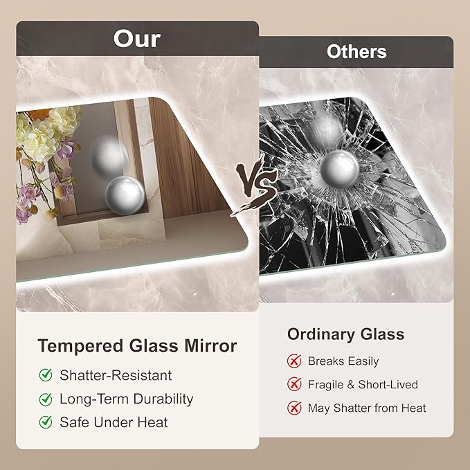 40‘’x30'' Lighted Mirrors for Bathroom Wall Backlit Rectangular Rounded Corners, LED Bathroom Mirror Frameless with Lights Anti Fog, Dimmable, 3 Colors,Tempered Glass, Shatter-Proof (Color 2)