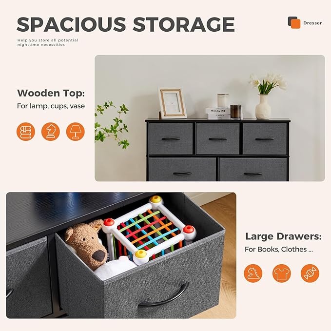 Sweetcrispy 9 Drawer Fabric Dresser Tall Chest Storage Organizer Tower with Cabinet Metal Frame and Wood Top Lightweight Nursery Closet Furniture for Bedroom,Charcoal Grey