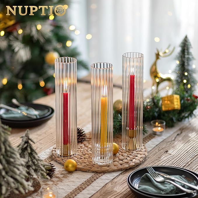 NUPTIO Hurricane Candle Holder Fluted: 2.5 x 12 inches Ribbed Glass Shade for Candlestick - Bulk Decorative Bottomless Cylinder Taper Candle Cover for Outdoor Table Centerpiece
