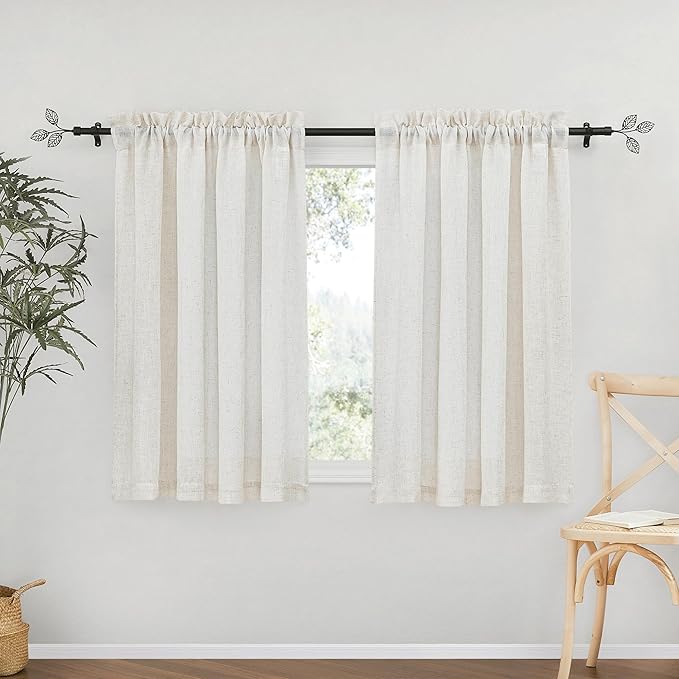 RYB HOME Linen Blend Curtains for Kitchen Bedroom, Thick Heavy Textured Breathable Light Filtering Semi Sheer Short Drapes for Small Window Sunroom, W 42 x L 54 inches, Linen, 2 Panels