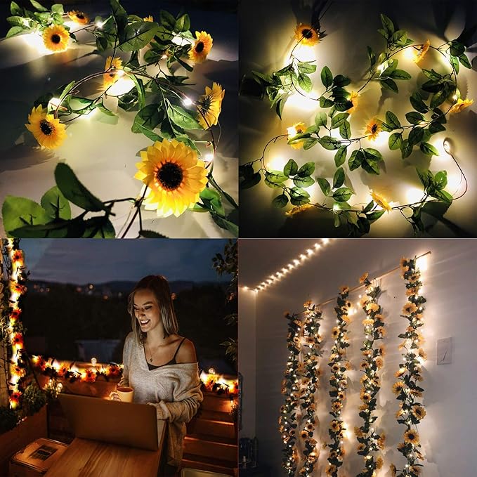 2 Pack 8.8FT Artificial Sunflower Garland with 100 LED Fairy String Lights,Fake Vines Faux Sunflowers Hanging Garland Silk Flowers Hanging Plant for Indoor,Outdoor,Wedding,Wall,Birthday Party