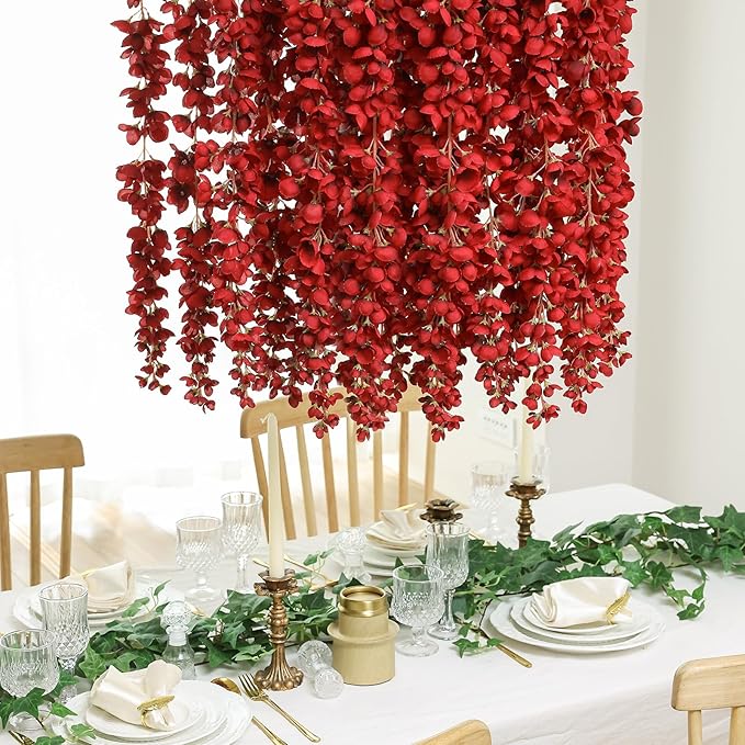 mizii 6Pcs Burgundy Wisteria Hanging Flowers 48" Silk Wisteria Artificial Flowers Garland Vines Fake Hanging Flowers Decoration for Wedding Flower Wall Backdrop Centerpieces Room Decor (Burgundy)