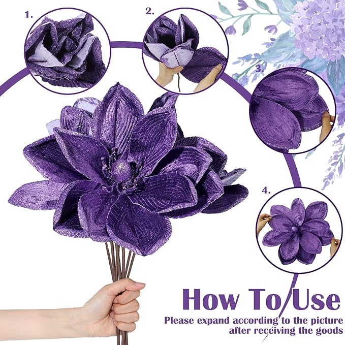 8 Pcs Large Christmas Flower Magnolia Flowers Christmas Tree Decoration Artificial Poinsettia Stems Velvet Xmas Ornaments for Xmas Tree Table Decor(Purple,16 Inch)