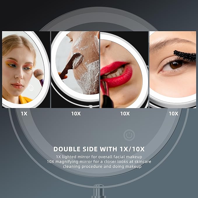 Rocollos Two-Fingers-Width Narrow Base Rechargeable Wall Mounted Lighted Makeup Mirror,3 Color Lights Dimmable Touch Screen,8 Inch LED Double Sided 1X/10X Magnifying Mirror (Polishing Chrome)