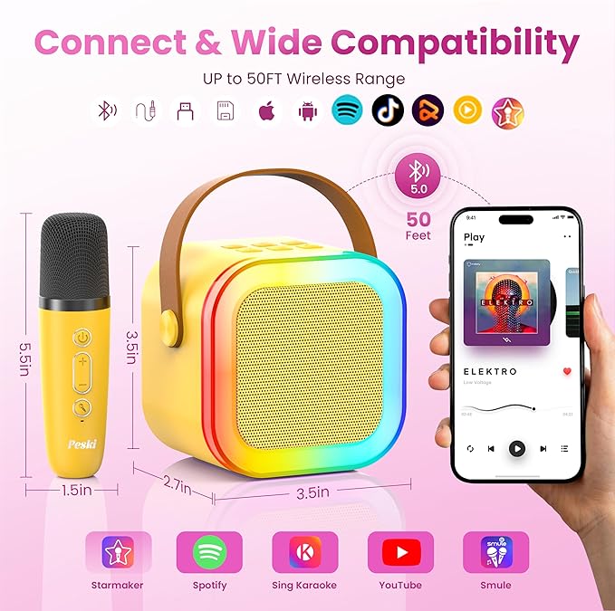 Mini Karaoke Machine for Kids Adults, Portable Karaoke Microphone Singing Speaker Bluetooth Karaoke Player with 2 Wireless Mic, Birthday Gifts for Girls Boys 4-12 Year Old, Family Home Party(Yellow)