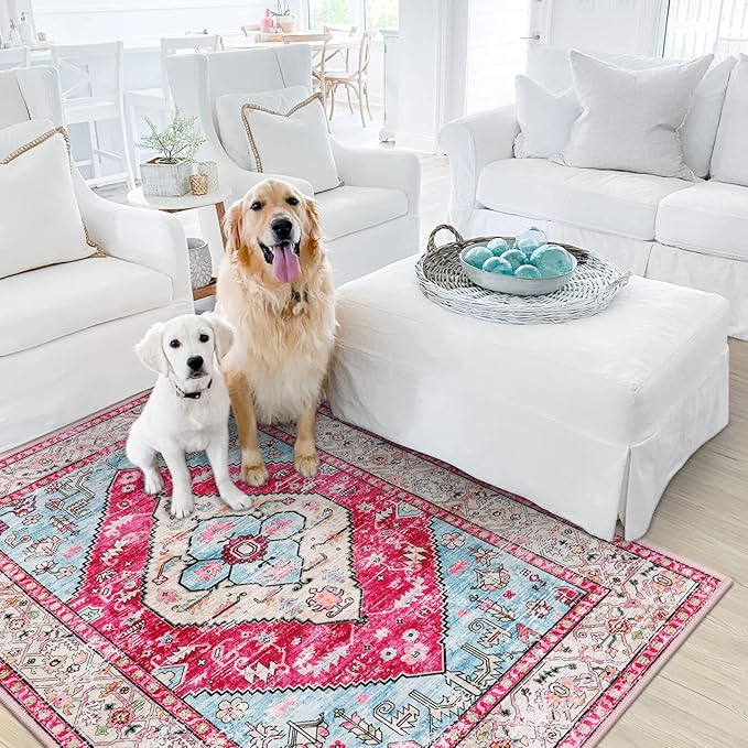 Lahome Boho Round Rug - 5Ft Washable Area Rug, Non-Slip Small Bathroom Rug, Lightweight Bedroom Throw, Oriental Distressed Print Carpet for Entryway, Sofa, Nursery, Kids Room