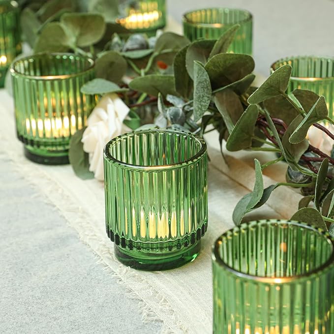 Vintage Ribbed Green Glass Tealight & Votive Candle Holders (Set of 6), Wedding Bridal Shower Party Table Decor, Fall Decor, Boho Decor, Shelf Decoration