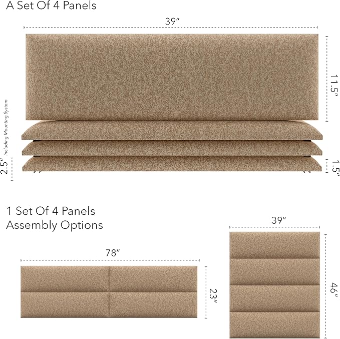 Vänt Upholstered Wall Panels - King/Cal King Size Wall Mounted Headboards - Faux Merino Wool Camel - Twin/King - Set of 4 Panels (Each Individual Panel 39"x11.5")