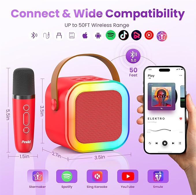 Mini Karaoke Machine for Kids Adults, Portable Karaoke Microphone Singing Speaker Bluetooth Karaoke Player with 2 Wireless Mic, Birthday Gifts for Girls Boys 4-12 Year Old, Family Home Party(Red)