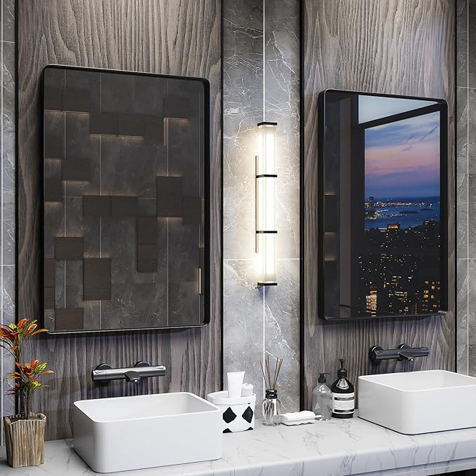 ISKM Black Metal Framed Wall Mirror for Bathroom 36" x 36" Rounded Corner Rectangle Mirror Bedroom Vanity Mirrors Wall Mounted Tempered Glass