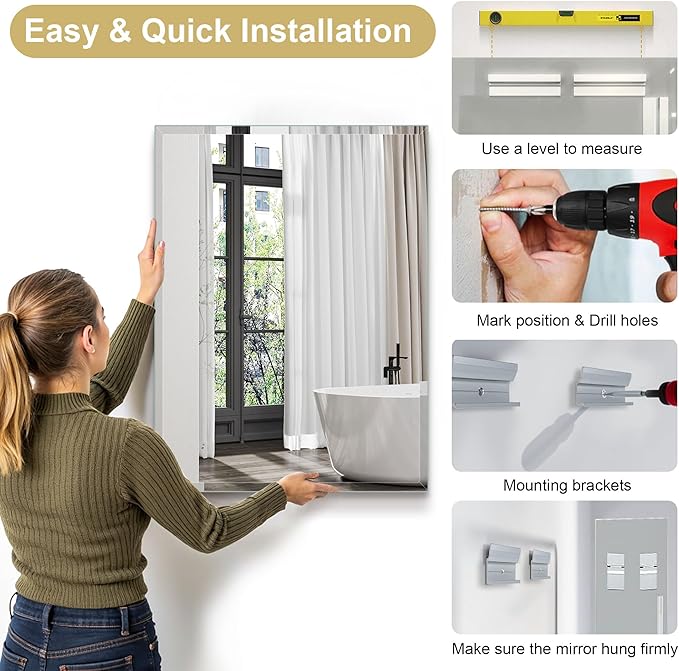 24"x30" Frameless Rectangle Wall Mirror with 1 inch Beveled Edge for Bathroom Vanity