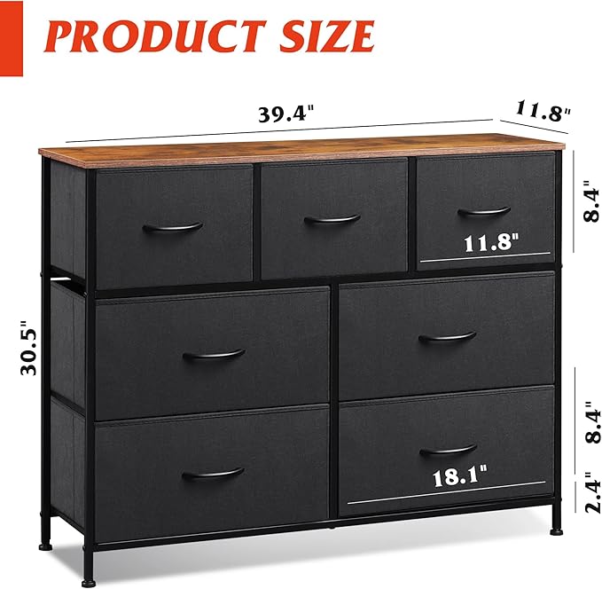 WLIVE 7 Drawer Dresser TV Stand, Entertainment Center, Media Console Table with Metal Frame and Wood Top for TV up to 45 inch, Chest of Drawers for Bedroom, Living Room, Black and Rustic Brown