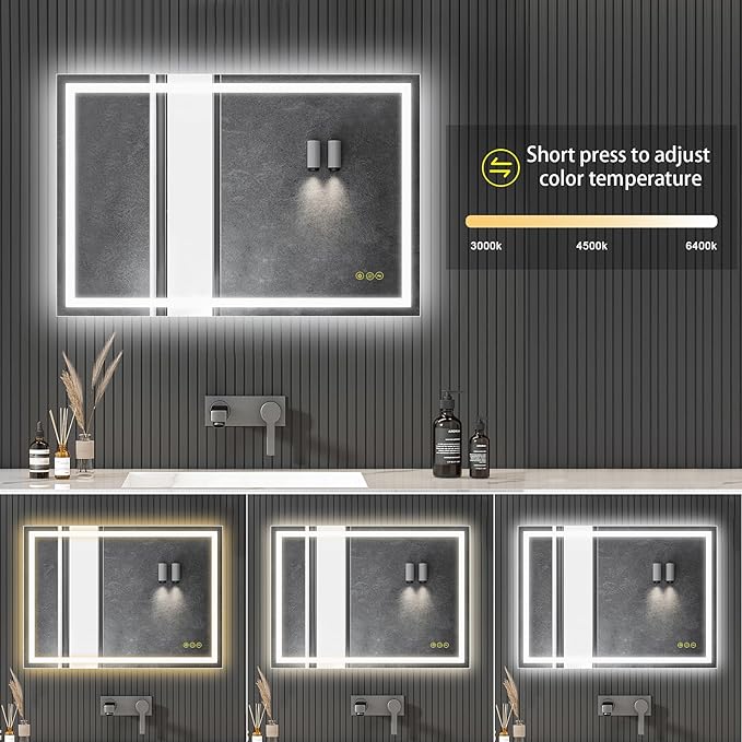 24x36Inch LED Mirror for Bathroom Anti-Fog 3 Colors Dimmable Lighted Mirror Wall Mounted Bathroom Mirror with Lights Horizontal/Vertical Smart Bathroom Mirror