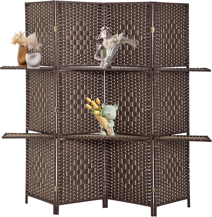 FDW Room Divider 4 Panel Room Screen Divider Wooden Screen Folding Portable Partition Screens Wood with Removable Storage Shelves Color,Brown