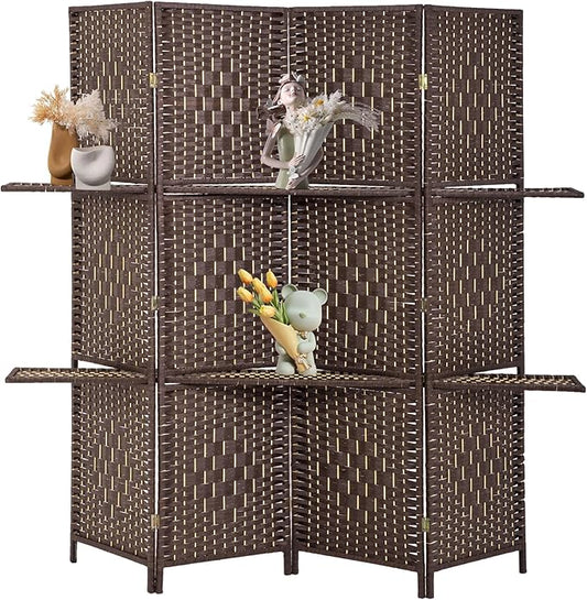 FDW Room Divider 4 Panel Room Screen Divider Wooden Screen Folding Portable Partition Screens Wood with Removable Storage Shelves Color,Brown