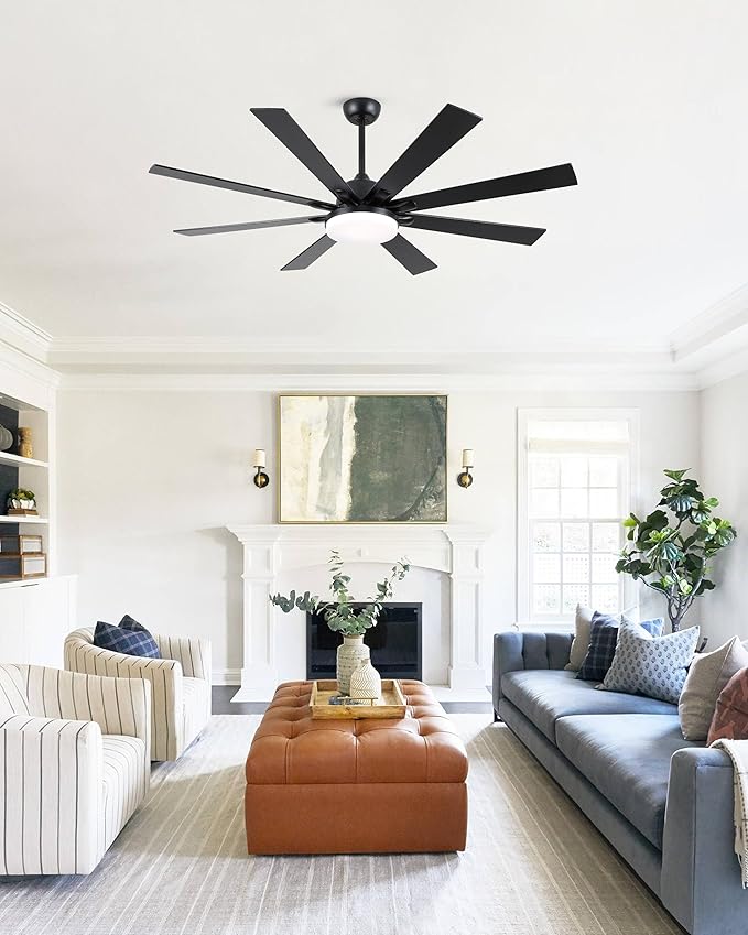 62 Inch Ceiling Fans with Lights,Large Modern Ceiling fan with Remote and 8 Wooden Blades,Dimmable,6 Speeds,Noiseless Reversible Indoor&Outdoor Fan for Bedroom,Patio,Living Room