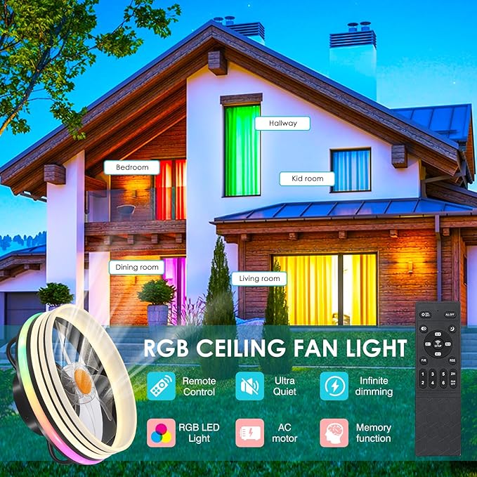 Flush Mount Ceiling Fan with Light - Small Low Profile Ceiling Fan,13" RGB Dimmable LED Bladeless Ceiling Fans, Modern Enclosed LED-RGB Ambient Light for Bedroom, Kids Room, Party