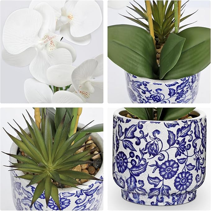 Briful Orchid Artificial Flowers 19.6in White Orchid Silk Floral Arrangement with Blue and White Ceramic Pot Fake Orchid Plant for Home Office Dining Room Table Centerpiece Decor