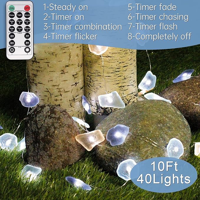 Impress Life Ocean Decor String Lights, Sea Glass Festive Beach Themed 10 ft 40 LEDs Battery&USB Cord Operated Decorative Lights with Remote Timer for Tent Wedding Nursery Bedroom Party Ornament