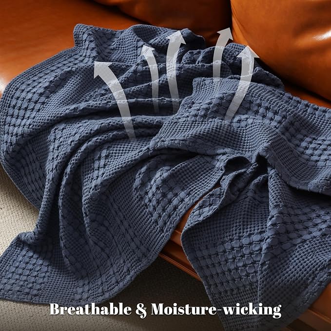 PHF 100% Cotton Waffle Weave Blanket Twin Size for Bed, Soft Lightweight & Breathable, All-Season Comfort, Luxury Aesthetic Woven Bedding for Home Decor, 66"x90", Indigo