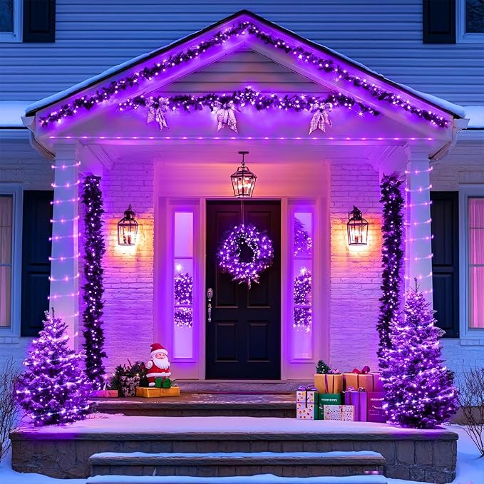 JMEXSUSS 2 Pack Purple Lights Battery Operated Halloween Lights Outdoor Waterproof, Each 33 ft 100 LED Battery Powered Rope Lights, Purple String Light with Remote for Balcony Garden Halloween Decor