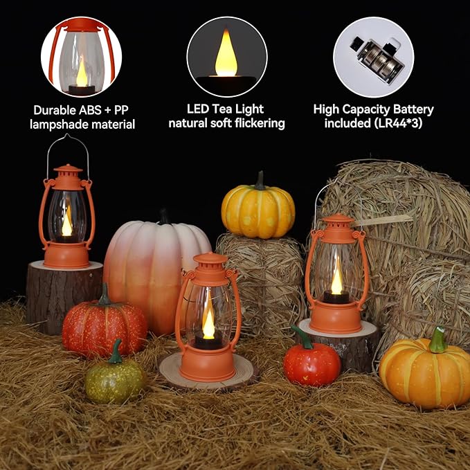 12-Pcs Orange Mini Lanterns Decorative for Halloween Thanksgiving, Fall Centerpiece for Table, Small Western Lantern with Flicker LED Candle for Cowboy Camping Christmas Wedding Decorations